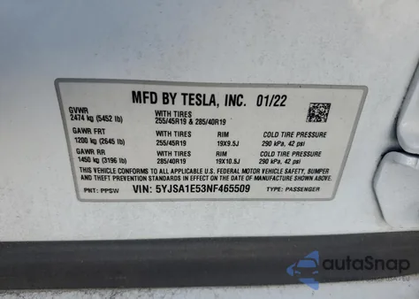 2022 Tesla Model S z USA, uszkodzony, nr VIN 5YJSA1E53NF465509